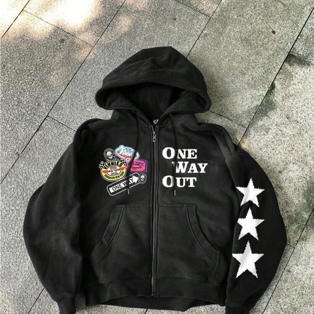 Black and White Zip-Up Hoodie with Star Design